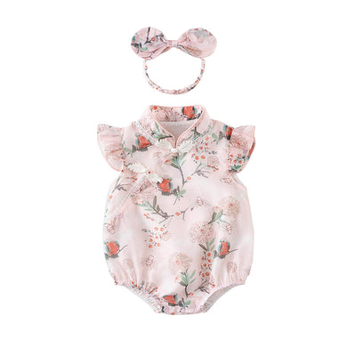 Baby Girl Ruffled Sleeves Floral Prints Cheongsam Bodysuit n Headwrap 2pc Set - Little Kooma