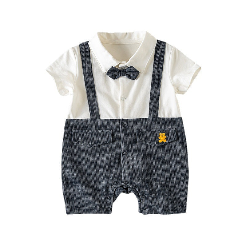 Baby Boy Fake Two Piece Double Pocket Bear Dark Blue Suspender Suit Romper w Bow - Little Kooma