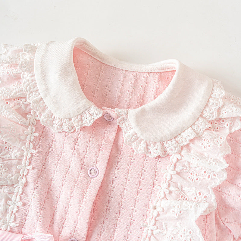 Baby Girl Double Bowtie Lace Trim Collar Puffed Sleeves Romper 21CX040 - Little Kooma