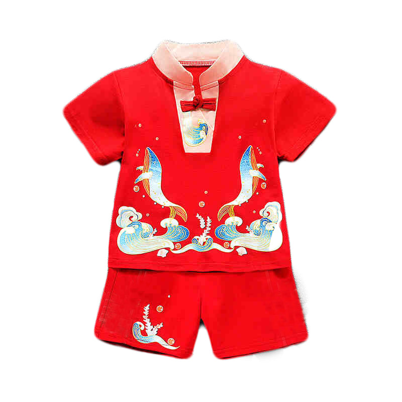 Baby Kids Boys Red Cheongsam Set Whales Top n Shorts CNY Chinese New Year Outfit - Little Kooma