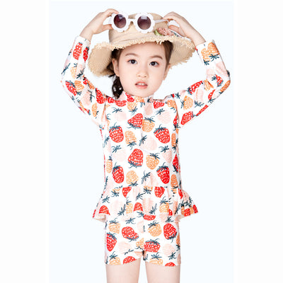 Baby Kids Girl's Strawberry Prints Long Sleeves Two Piece Swimming Suit Top Shorts n Free Cap 907052 - Little Kooma