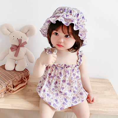 Baby Girl Ruffled Hem Floral Camisole Romper n Hat 2pc Set - Little Kooma