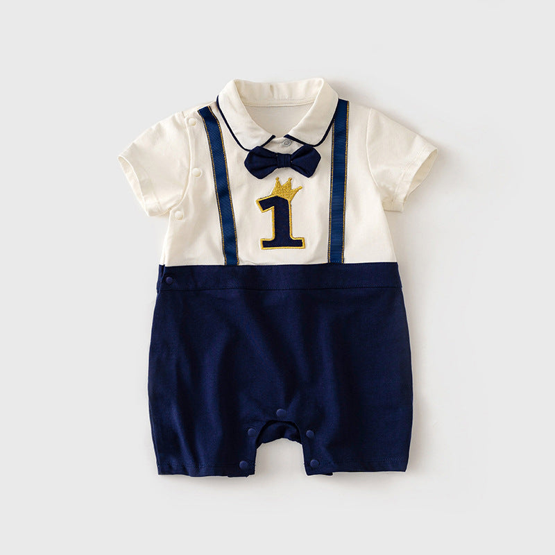 Baby Boy Fake Two Piece Number 1 First Month Baby Shower 1 Year Old Birthday Suspender Suit Romper w Bow - Little Kooma