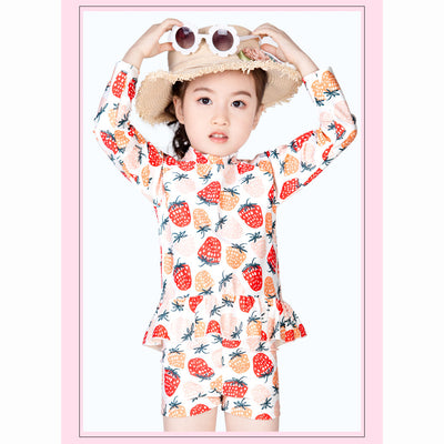 Baby Kids Girl's Strawberry Prints Long Sleeves Two Piece Swimming Suit Top Shorts n Free Cap 907052 - Little Kooma