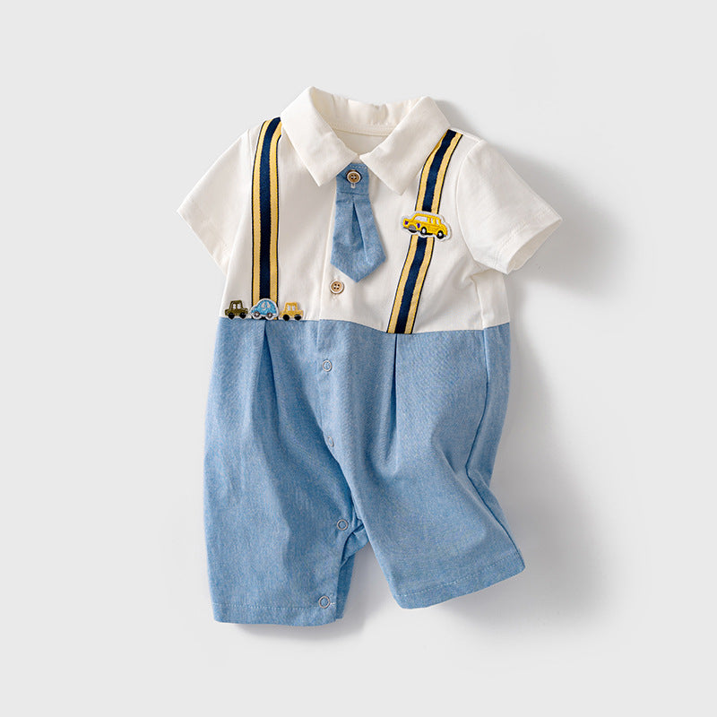 Baby Boy Cartoon Car Fake Two Piece Suspender Suit Romper w Removable Light Blue Tie White Folded Collar - Little Kooma