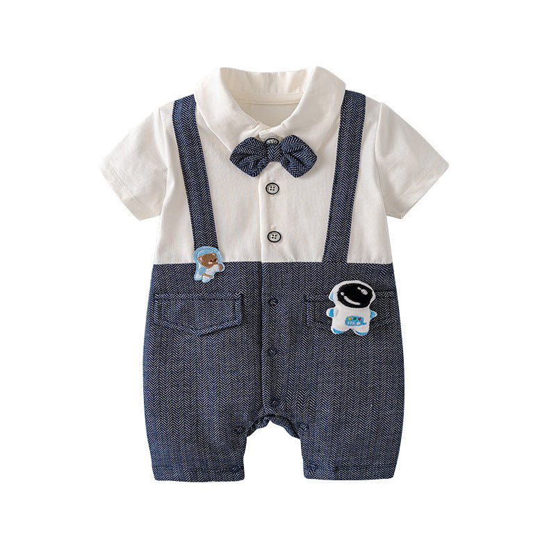Baby Boy Removable Astronaut Pin Fake Two Piece Suspender Suit Romper w Dark Blue Wave Bow White Folded Collar - Little Kooma