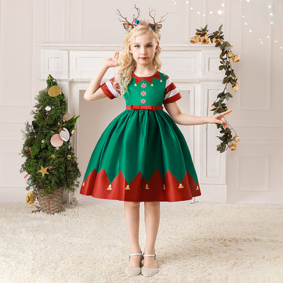 Kids Girls Red Stripe Sleeves Dress Red n Green Big Bowtie Christmas Outfit w Zip - Little Kooma