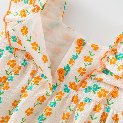 Baby Girl Ruffled Sleeves Orange Flower Prints Bodysuit n Headwrap 2pc Set - Little Kooma