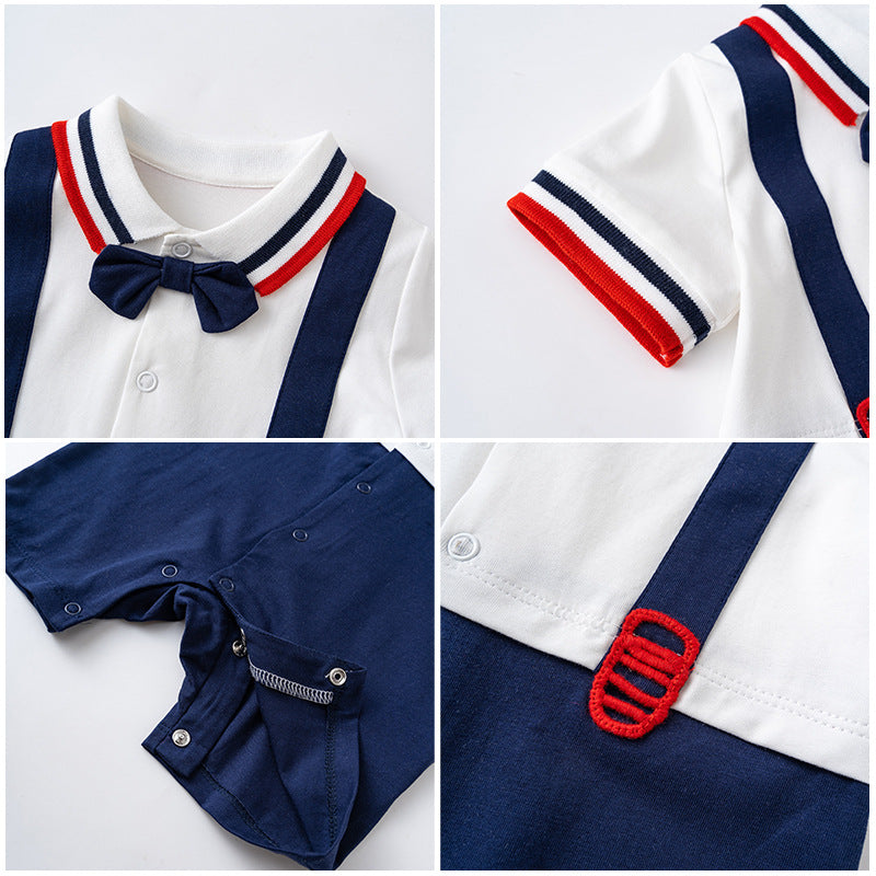 Baby Boy Fake Two Piece Red n Dark Blue Stripe Suspender Suit Romper w Bow - Little Kooma