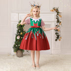 Kids Girls Short Stripe Sleeves Dress Red n Green Big Bowtie Christmas Outfit w Zip - Little Kooma