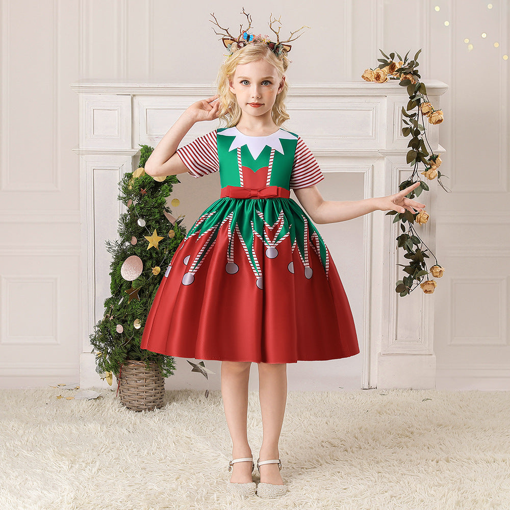 Kids Girls Short Stripe Sleeves Dress Red n Green Big Bowtie Christmas Outfit w Zip - Little Kooma