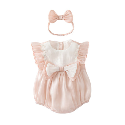 Baby Girl Ruffled Sleeves Big Bowtie Beige Voile Bodysuit n Headwrap 2pc Set - Little Kooma