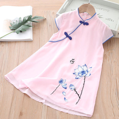 Kids Girls Voile Cheongsam Dress Blue Lotus Flowers Cap Sleeves CNY Chinese New Year Outfit - Little Kooma