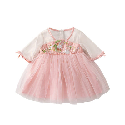 Baby Girl Three Quarter Sleeves Pink Embroidered Bunnies Voile Cheongsam Dress w Zipper - Little Kooma