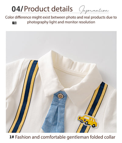 Baby Boy Cartoon Car Fake Two Piece Suspender Suit Romper w Removable Light Blue Tie White Folded Collar - Little Kooma