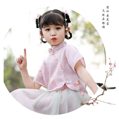 Kids Girls Voile Cheongsam Set Top n Skirt Pink Embroidered Pink n White Flowers  CNY Chinese New Year Outfit - Little Kooma