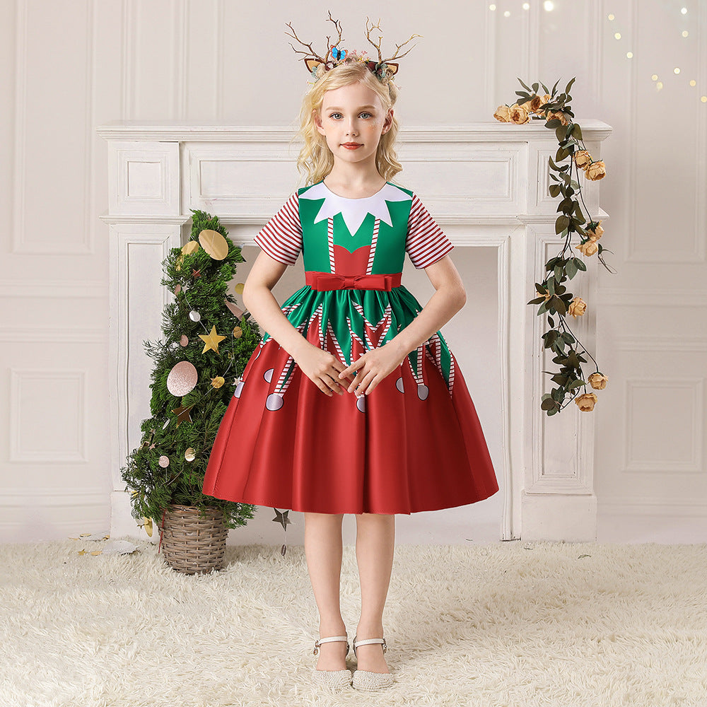 Kids Girls Short Stripe Sleeves Dress Red n Green Big Bowtie Christmas Outfit w Zip - Little Kooma