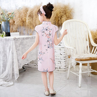 Kids Girls Lotus Flowers Crane Auspicious Clouds Cheongsam Dress Cap Sleeves CNY Chinese New Year Outfit - Little Kooma