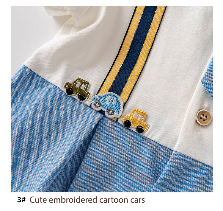 Baby Boy Cartoon Car Fake Two Piece Suspender Suit Romper w Removable Light Blue Tie White Folded Collar - Little Kooma