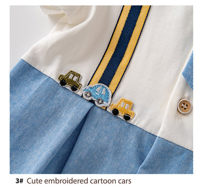 Baby Boy Cartoon Car Fake Two Piece Suspender Suit Romper w Removable Light Blue Tie White Folded Collar - Little Kooma