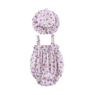 Baby Girl Ruffled Hem Floral Camisole Romper n Hat 2pc Set - Little Kooma