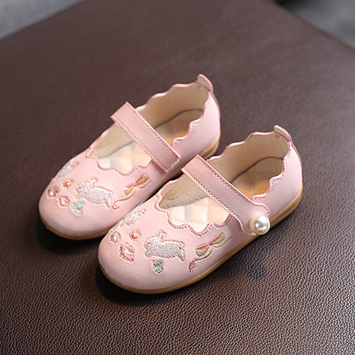 Baby Kids Girl PU Leather Anti-slip Embroidered Bunnies Shoes Magic Tape 662 - Little Kooma