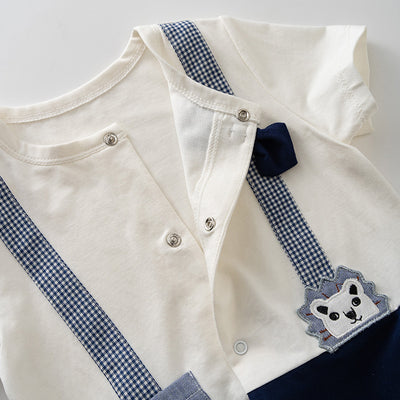 Baby Boy Fake Two Piece Round Neck Pocket Lion Suspender Suit Romper w Bow - Little Kooma
