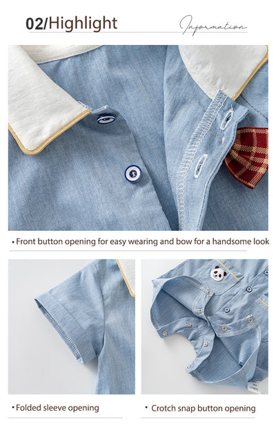 Baby Boy Panda White Collar Light Blue Suit Romper w Red Plaid Bow n Two Pockets - Little Kooma