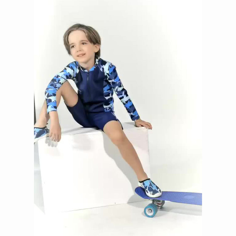 Baby Kids Boy's Camouflage Shark Prints Long Sleeves Two Piece Swimming Suit Top Shorts n Free Cap 908032 - Little Kooma