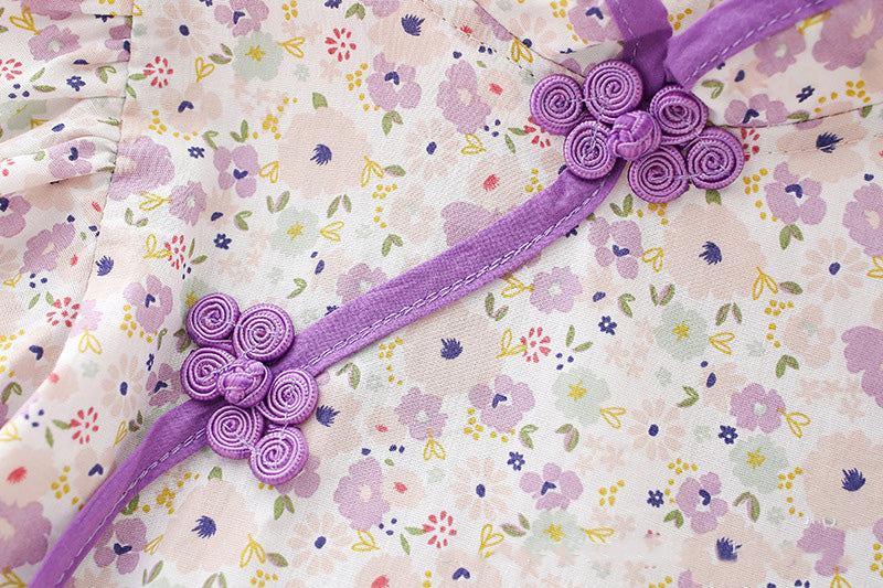 Kids Girls Purple Flowers Trumpet Cheongsam Dress Puff Sleeves CNY Chinese New Year Outfit - Little Kooma