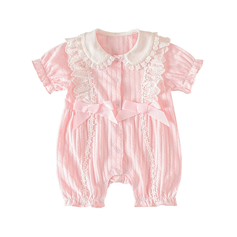 Baby Girl Double Bowtie Lace Trim Collar Puffed Sleeves Romper 21CX040 - Little Kooma