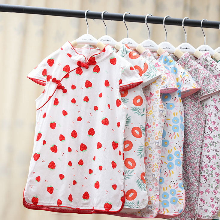 Baby Kids Girls Pink w Strawberries n Flowers Cheongsam Dress Racial Harmony Day CNY Chinese New Year Outfit - Little Kooma