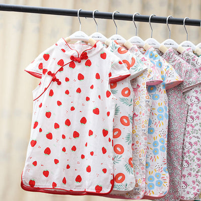 Baby Kids Girls Pink w Strawberries n Flowers Cheongsam Dress Racial Harmony Day CNY Chinese New Year Outfit - Little Kooma
