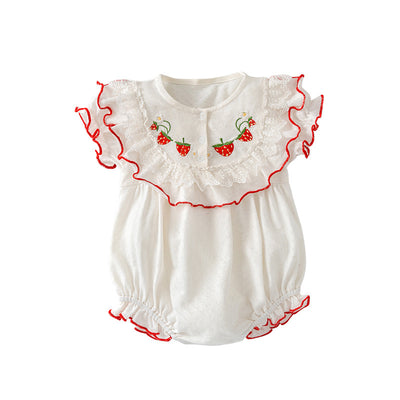 Baby Girl Puff Sleeves Red Embroidered Strawberry Bodysuit Lace Rim - Little Kooma