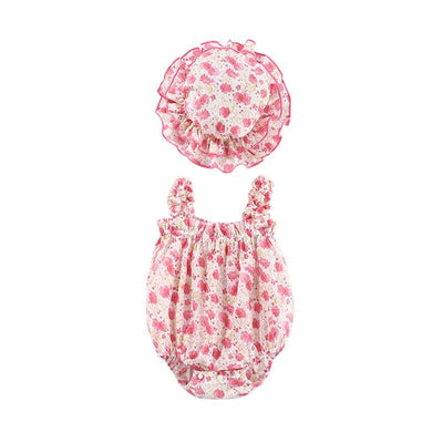 Baby Girl Ruffled Hem Floral Camisole Romper n Hat 2pc Set - Little Kooma