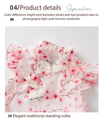 Baby Girl Ruffled Sleeves Pink Plum Flower Prints Voile Cheongsam Bodysuit n Headwrap 2pc Set - Little Kooma