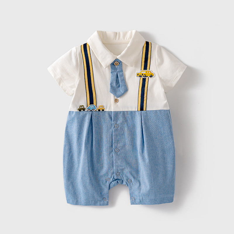 Baby Boy Cartoon Car Fake Two Piece Suspender Suit Romper w Removable Light Blue Tie White Folded Collar - Little Kooma