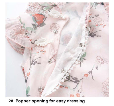 Baby Girl Ruffled Sleeves Floral Prints Cheongsam Bodysuit n Headwrap 2pc Set - Little Kooma