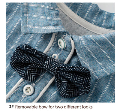 Baby Boy Bear White Stripes Dark Blue Suit Romper w Removable Black Wave Bow Fake Two Pockets - Little Kooma