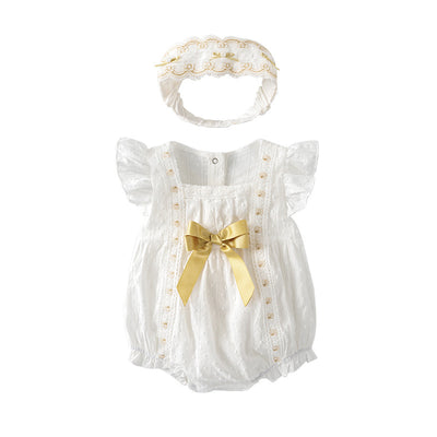 Baby Girl White Lace Ruffled Sleeves Big Golden Bowtie Bodysuit n Headwrap 2pc Set - Little Kooma