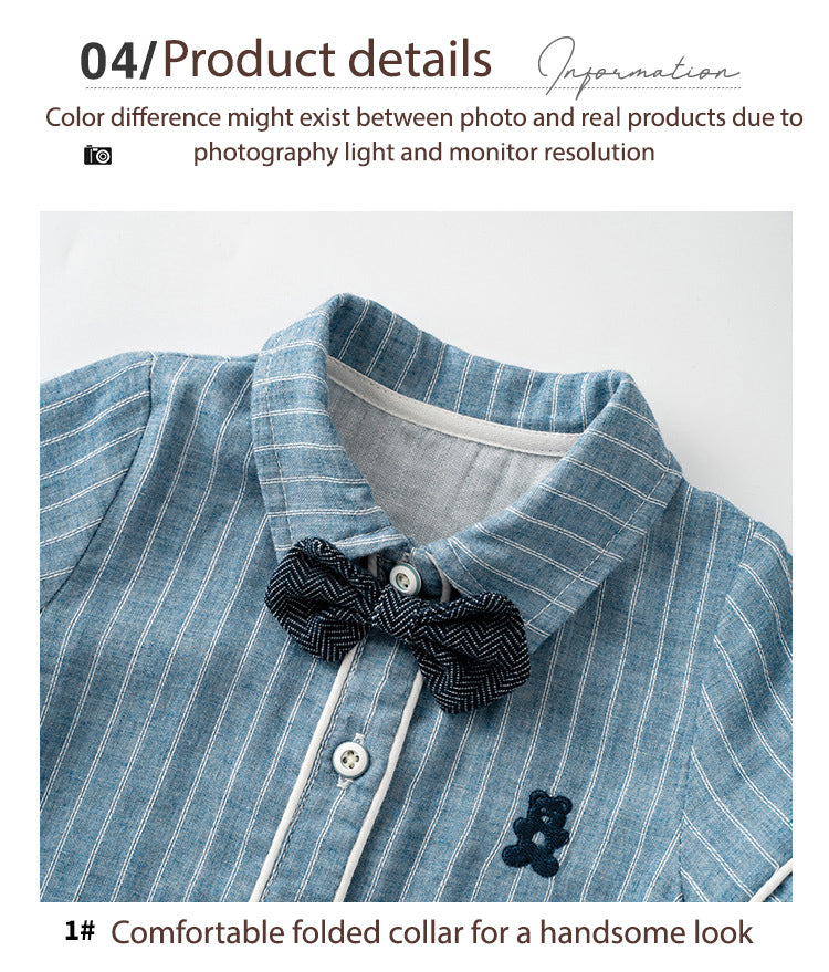 Baby Boy Bear White Stripes Dark Blue Suit Romper w Removable Black Wave Bow Fake Two Pockets - Little Kooma