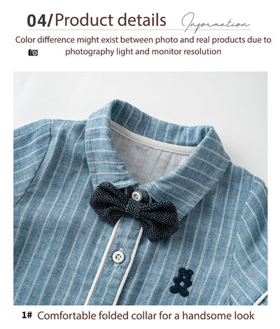 Baby Boy Bear White Stripes Dark Blue Suit Romper w Removable Black Wave Bow Fake Two Pockets - Little Kooma