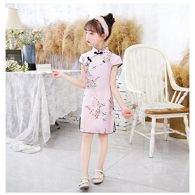 Kids Girls Lotus Flowers Crane Auspicious Clouds Cheongsam Dress Cap Sleeves CNY Chinese New Year Outfit - Little Kooma