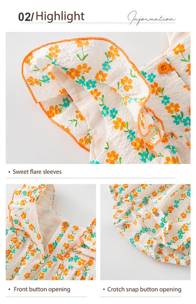Baby Girl Ruffled Sleeves Orange Flower Prints Bodysuit n Headwrap 2pc Set - Little Kooma