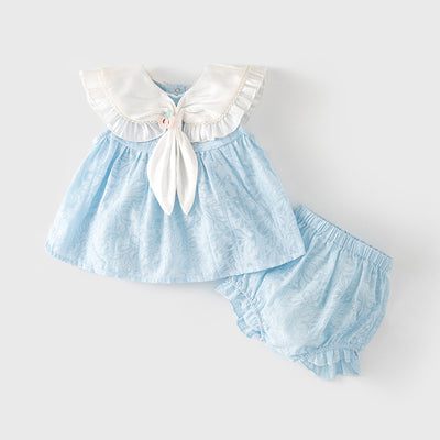 Baby Girl Sleeveless White Scarf Blue Top n Shorts Set - Little Kooma