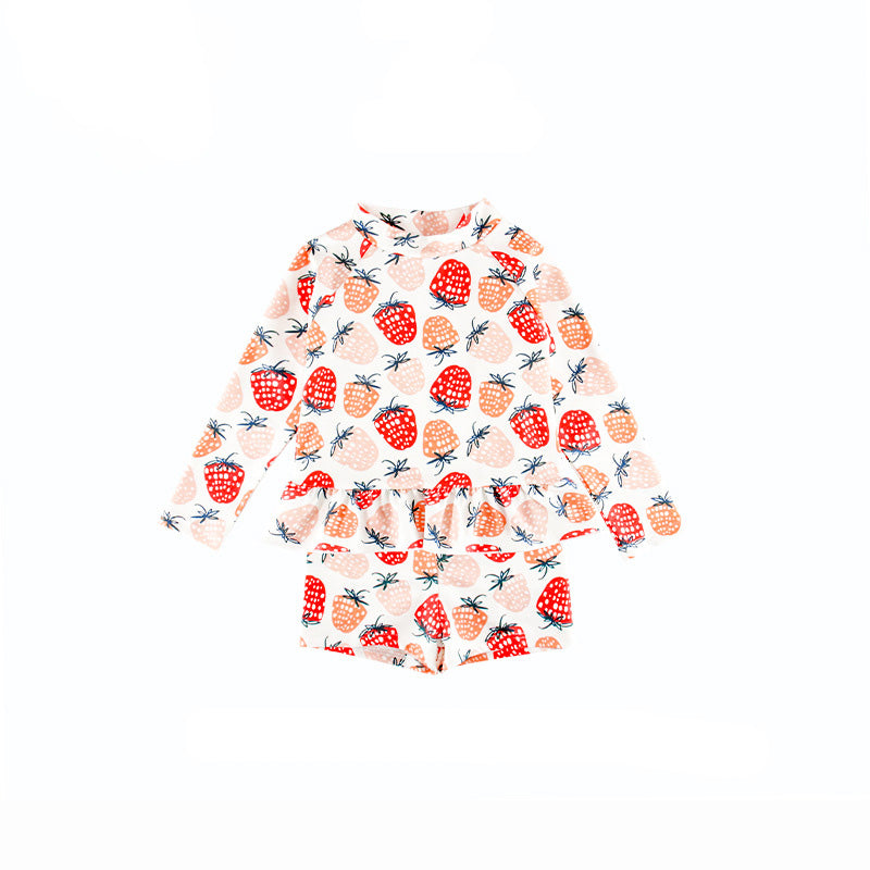 Baby Kids Girl's Strawberry Prints Long Sleeves Two Piece Swimming Suit Top Shorts n Free Cap 907052 - Little Kooma