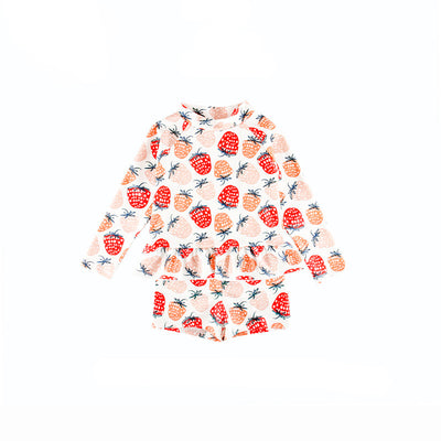 Baby Kids Girl's Strawberry Prints Long Sleeves Two Piece Swimming Suit Top Shorts n Free Cap 907052 - Little Kooma