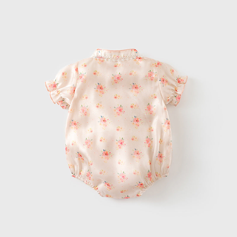Baby Girl Puff Sleeves Pink Flower Prints Beige Voile Cheongsam Bodysuit n Headwrap 2pc Set - Little Kooma