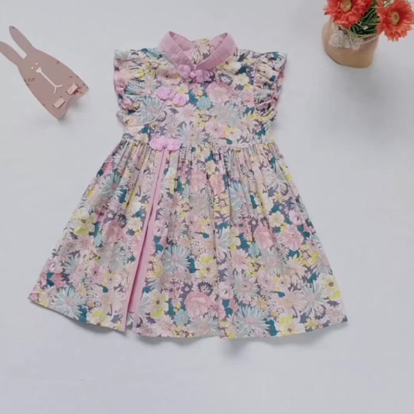 Kids Girls Ruffled Sleeves Pink Floral Cheongsam Dress CNY Chinese New Year Outfit - Little Kooma