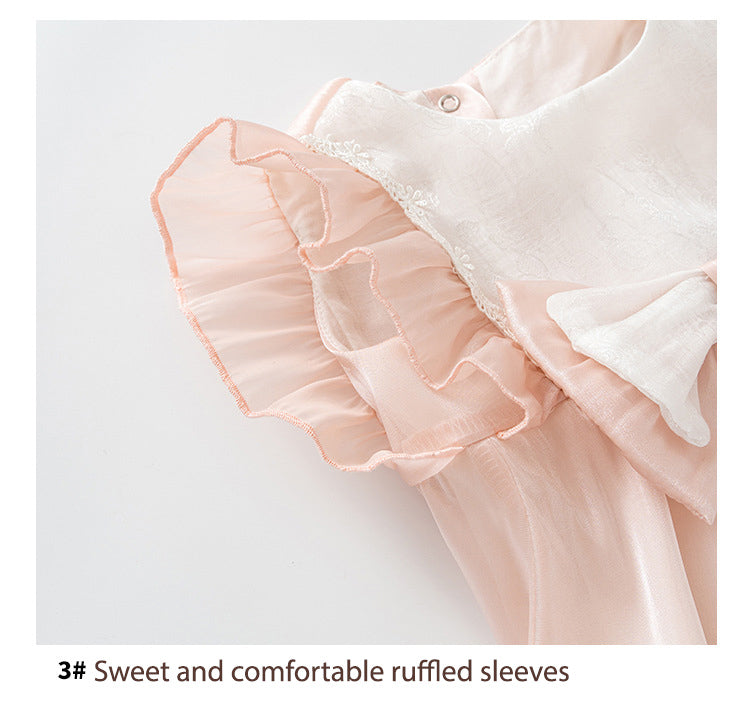 Baby Girl Ruffled Sleeves Big Bowtie Beige Voile Bodysuit n Headwrap 2pc Set - Little Kooma